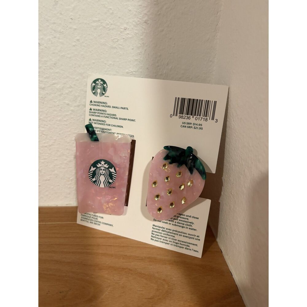 Starbucks Set of 2 Acetate Claw Hair Clips Strawberry & Pink Drink NWT - Picture 2 of 3